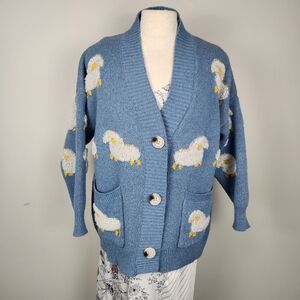 Cute Lamb Sheep 3D Knit Blue Cardigan Fits Large